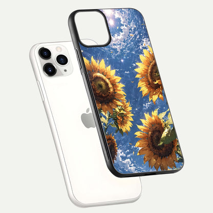Heavenly Sunflower Rise Glass Case for iPhone 11 Pro floating dual-view mockup showing gloss brightness and morning-light feel