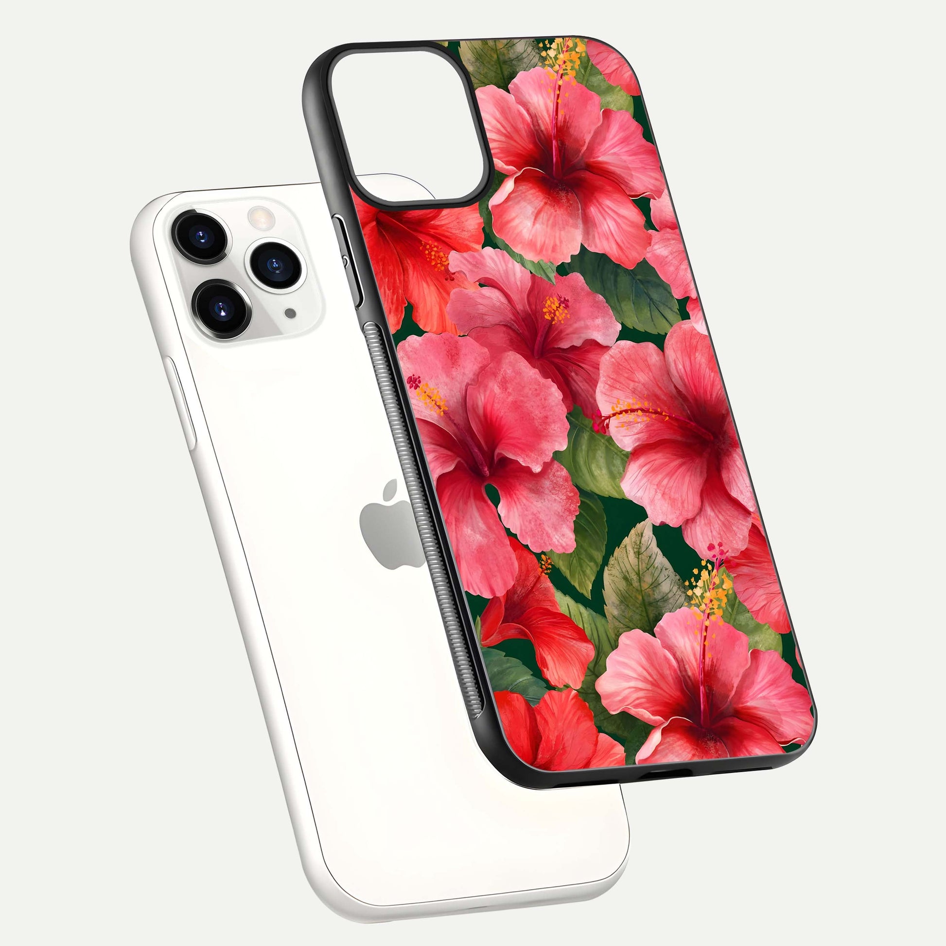 Hibiscus Pattern Glass Case for iPhone 11 Pro floating dual-view mockup showing glossy texture and vivid color depth
