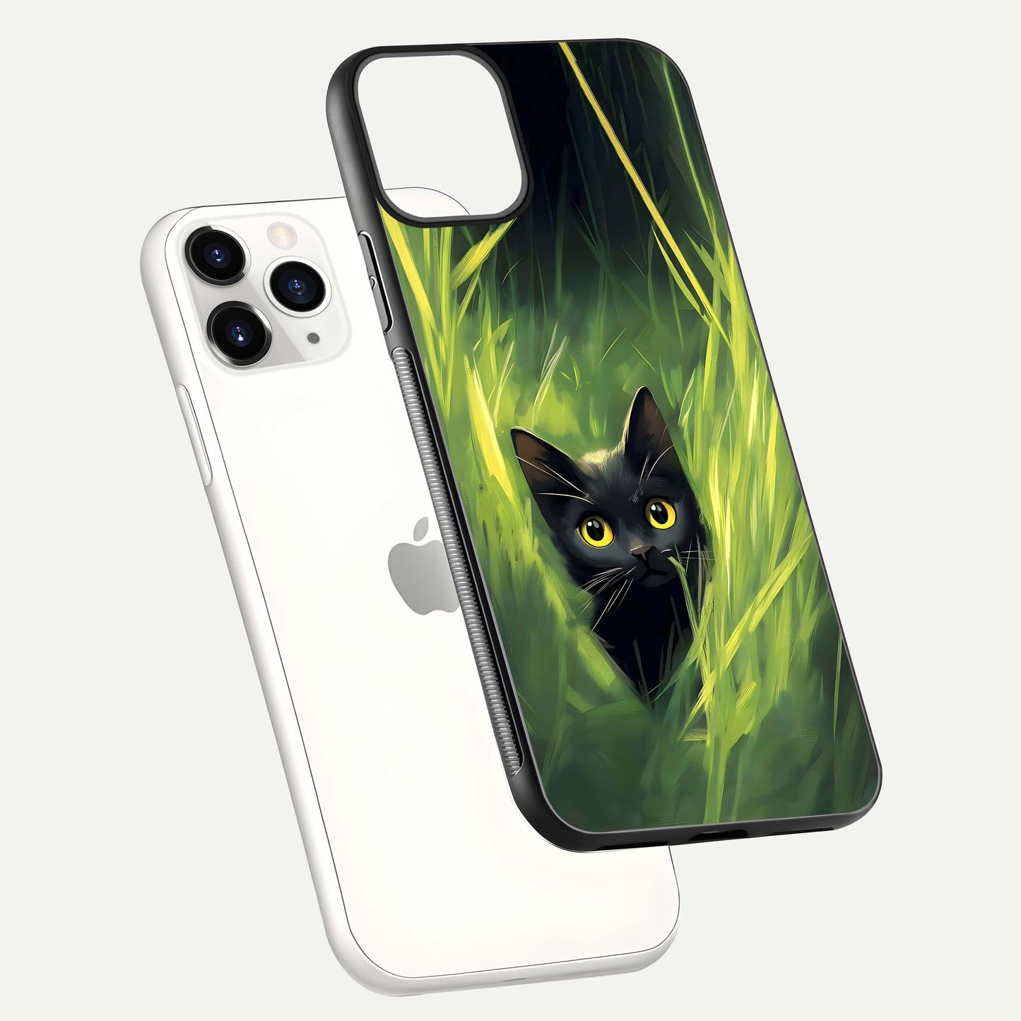 Hidden Cat Whisper Glass Case for iPhone 11 Pro floating dual-view mockup showing glossy tone and elegant cat silhouette