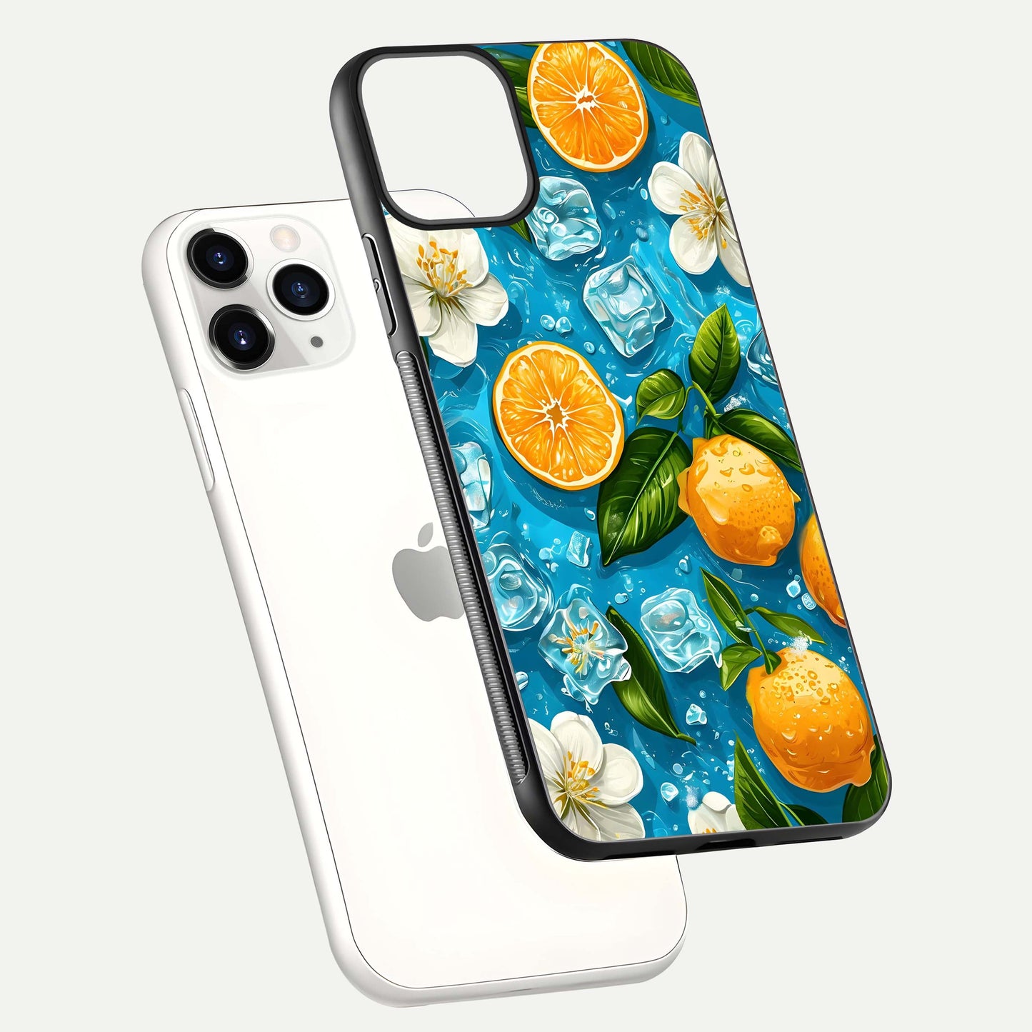 Ice Cube With Orange Glass Case for iPhone 11 Pro floating dual-view mockup showing glossy shine and cool refreshing tone