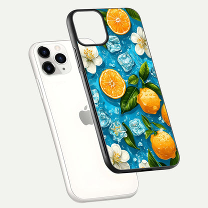Ice Cube With Orange Glass Case for iPhone 11 Pro floating dual-view mockup showing glossy shine and cool refreshing tone