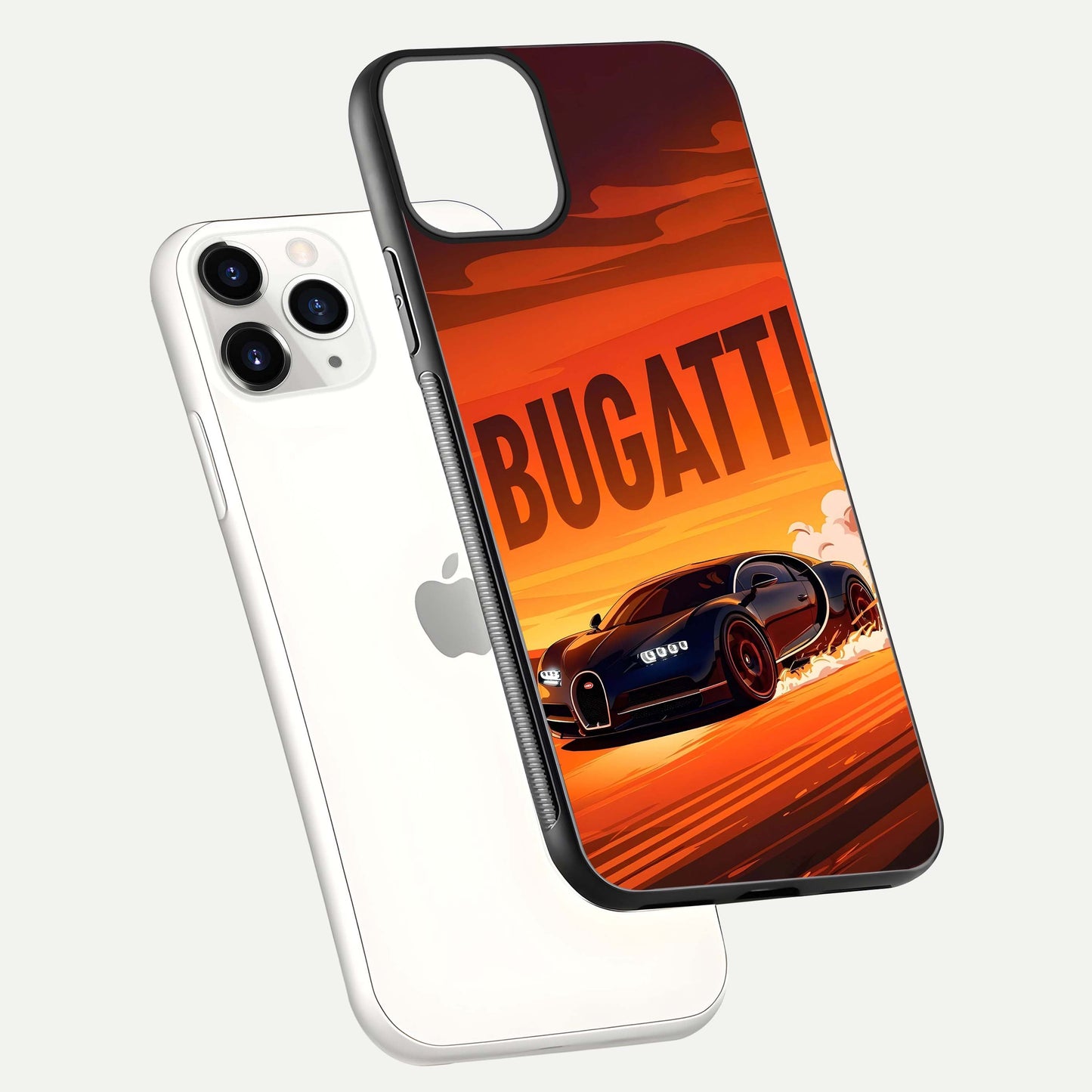 Inferno Bugatti Storm Glass Case for iPhone 11 Pro floating dual-view mockup showing gloss surface and racing energy