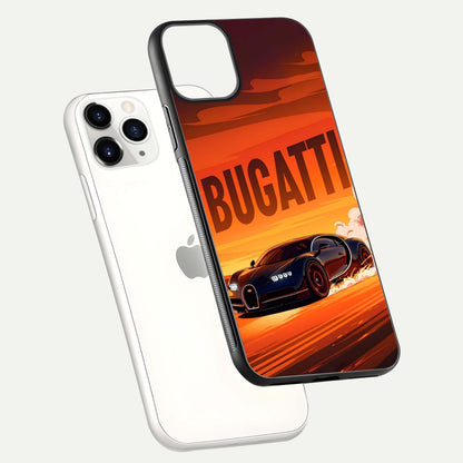 Inferno Bugatti Storm Glass Case for iPhone 11 Pro floating dual-view mockup showing gloss surface and racing energy