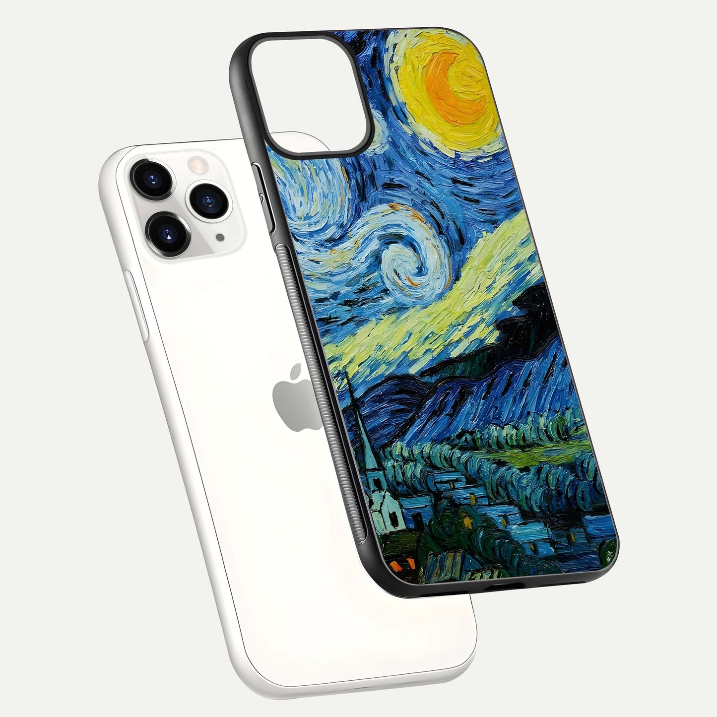 Inspired Van Gogh Art Glass Case for iPhone 11 Pro floating dual-view mockup showing gloss depth and artistic reflection