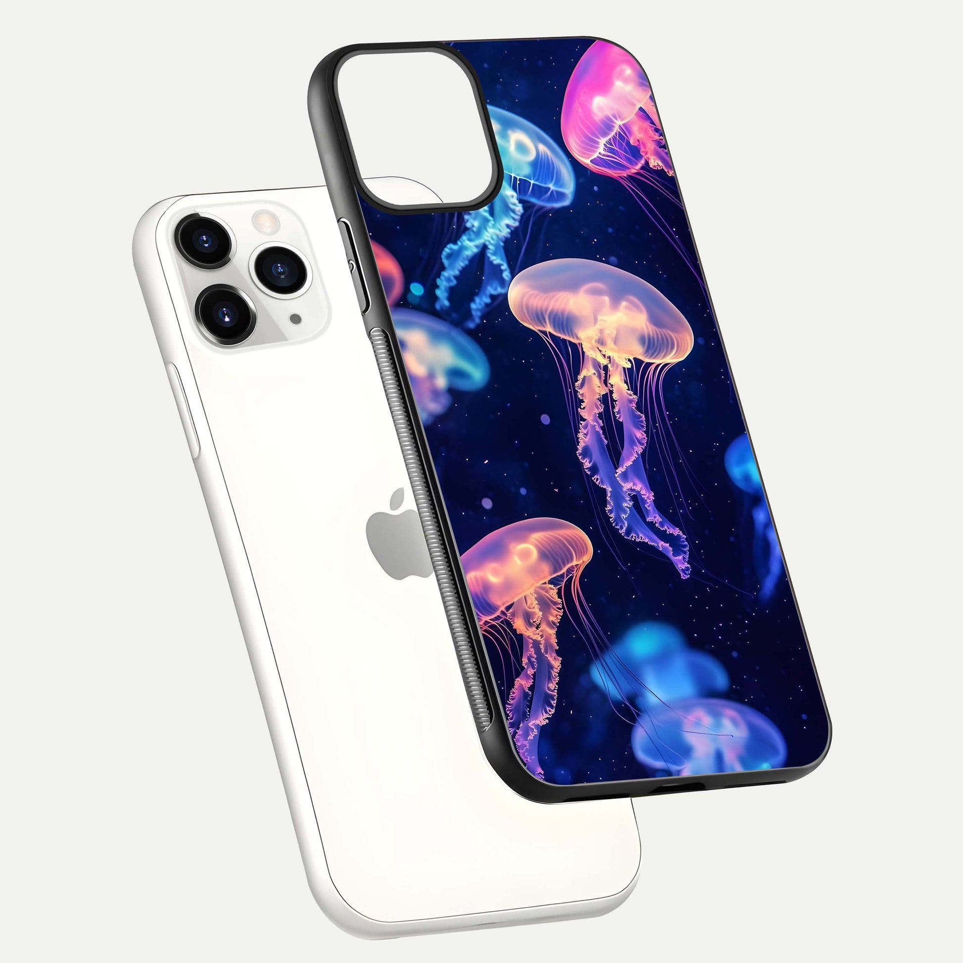 Jellyfish Pattern Glass Case for iPhone 11 Pro floating dual-view mockup showing gloss texture and oceanic depth