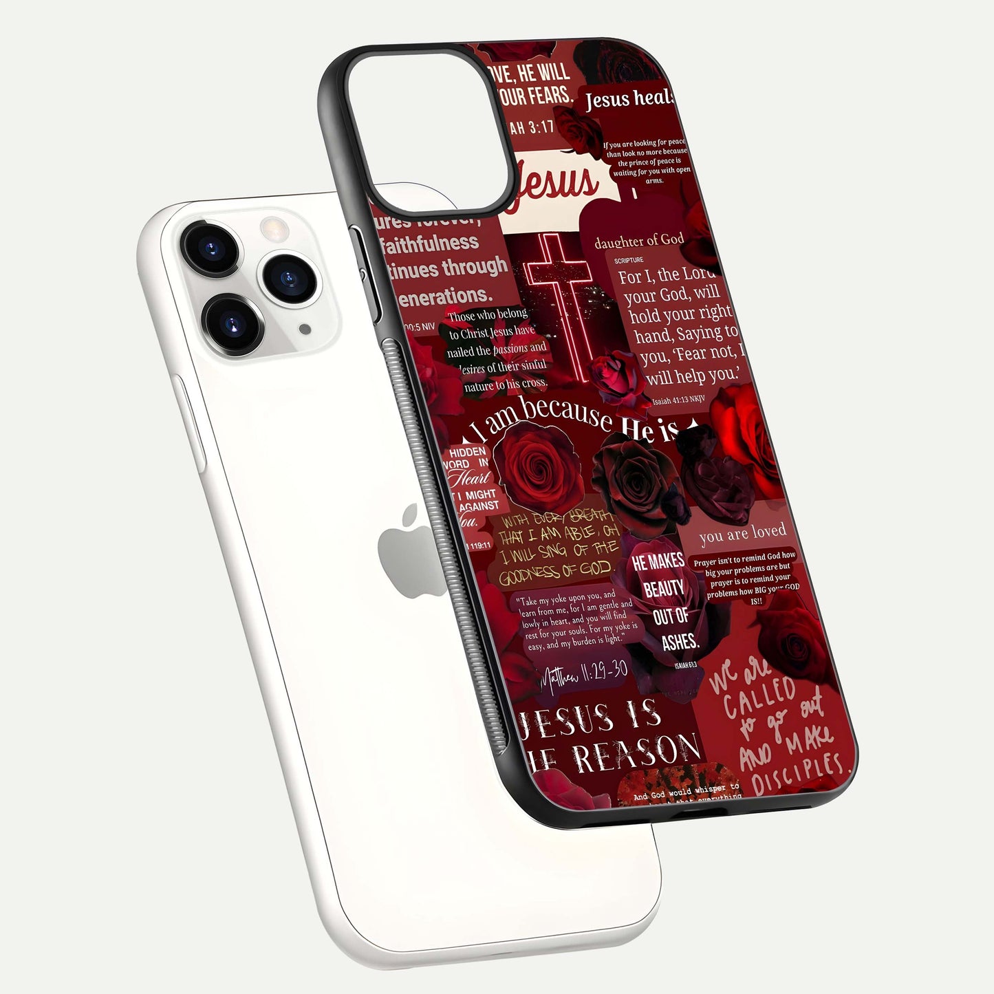 Jesus Love Heals Glass Case for iPhone 11 Pro floating dual-view mockup showing glossy shine and faith-inspired art