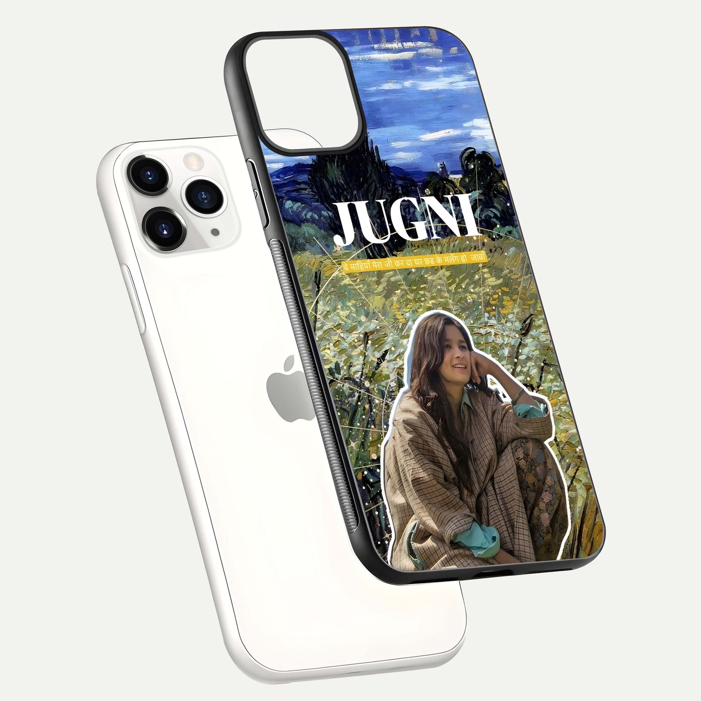 Jugni Soul Vibes Glass Case for iPhone 11 Pro floating dual-view mockup showing gloss surface and vivid design style