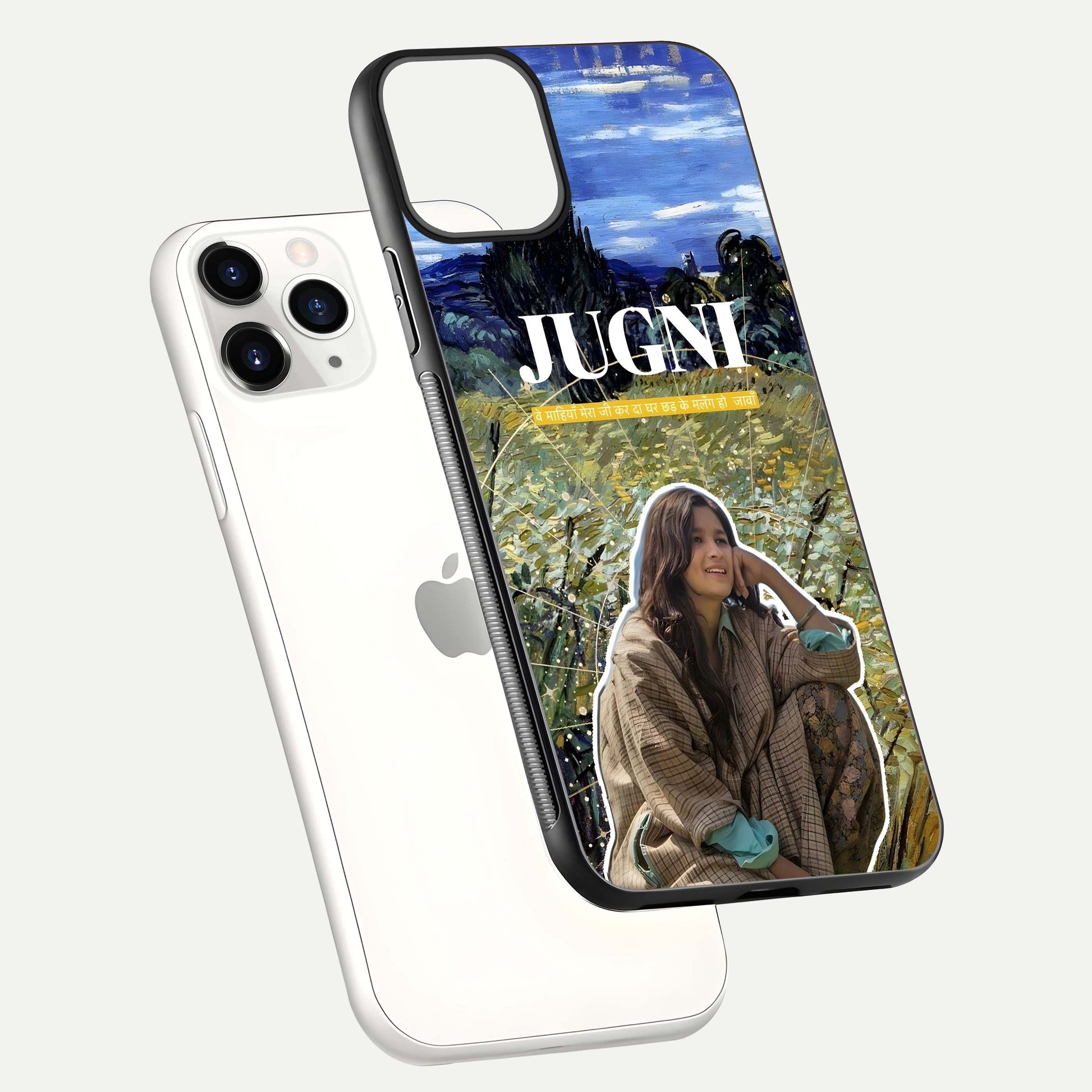 Jugni Soul Vibes Glass Case for iPhone 11 Pro floating dual-view mockup showing gloss surface and vivid design style