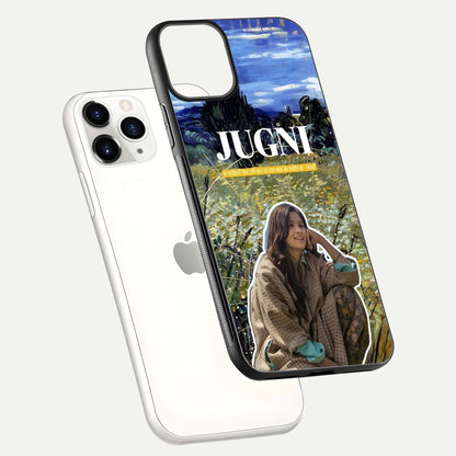 Jugni Soul Vibes Glass Case for iPhone 11 Pro floating dual-view mockup showing gloss surface and vivid design style