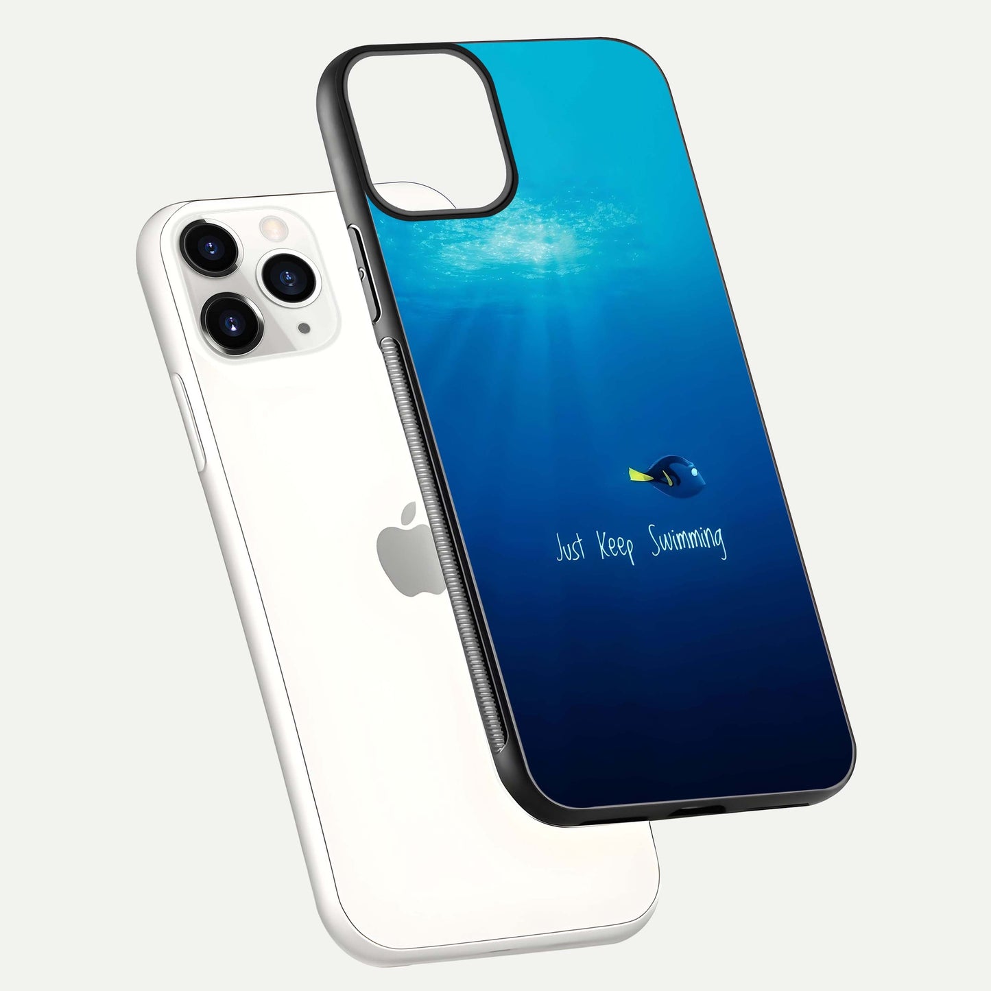 Just Keep Swimming Glass Case for iPhone 11 Pro floating dual-view mockup showing gloss brightness and wave motif