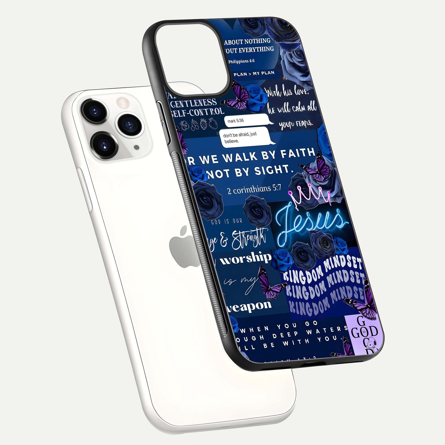 Kingdom Faith Glow Glass Case for iPhone 11 Pro floating dual-view mockup showing premium gloss and golden aura