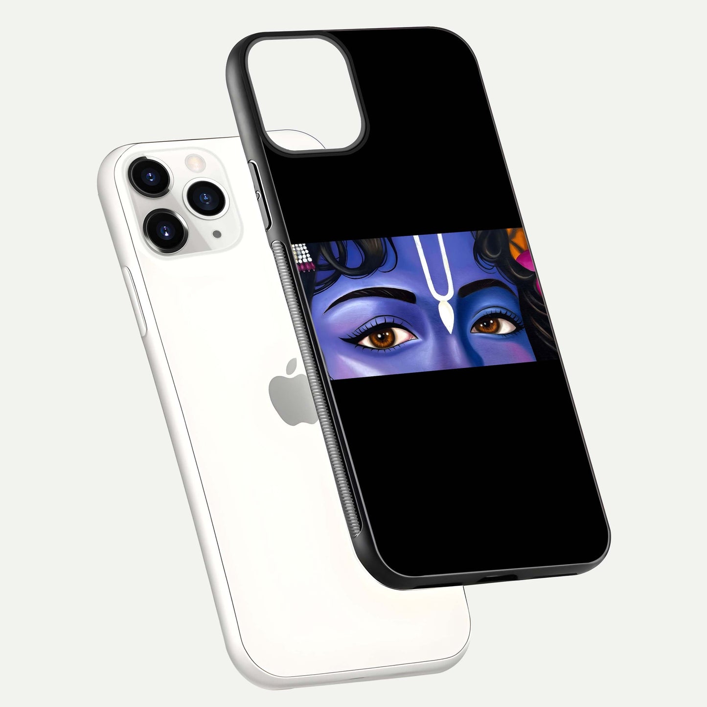 Krishna Eye Glass Case for iPhone 11 Pro floating dual-view mockup showing gloss surface and divine art depth
