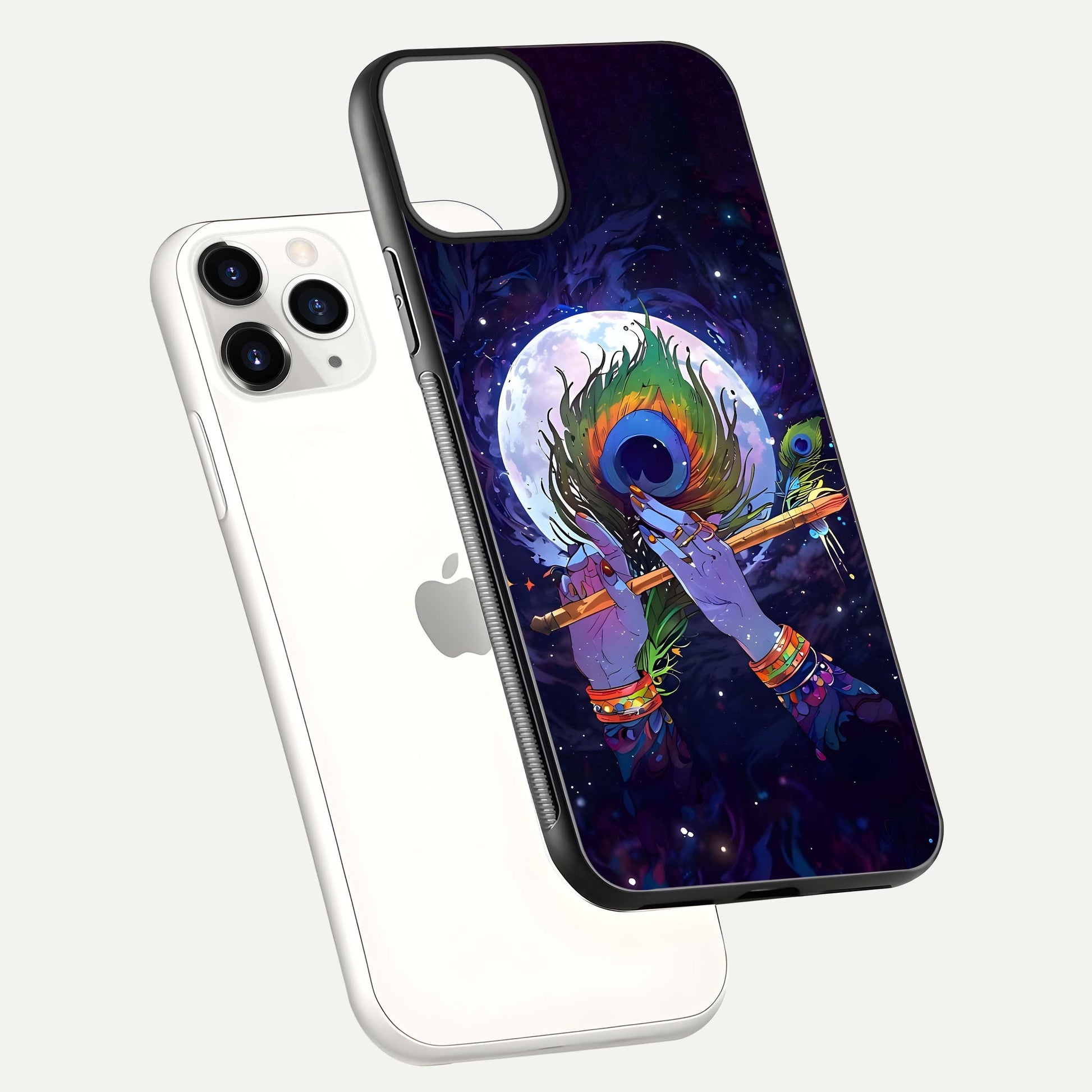 Krishna Hands Art Glass Case for iPhone 11 Pro floating dual-view mockup showing premium gloss reflection