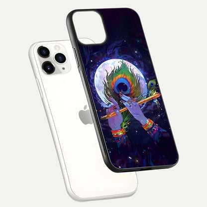 Krishna Hands Art Glass Case for iPhone 11 Pro floating dual-view mockup showing premium gloss reflection