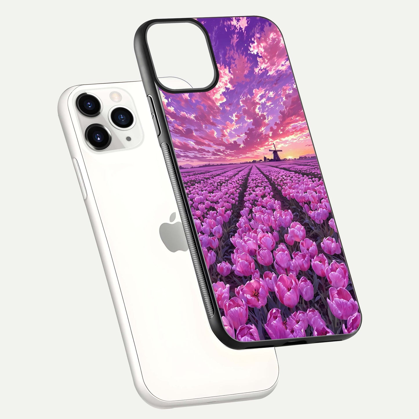 Lavender Dream Skies Glass Case for iPhone 11 Pro floating dual-view mockup showing gloss polish and pastel design