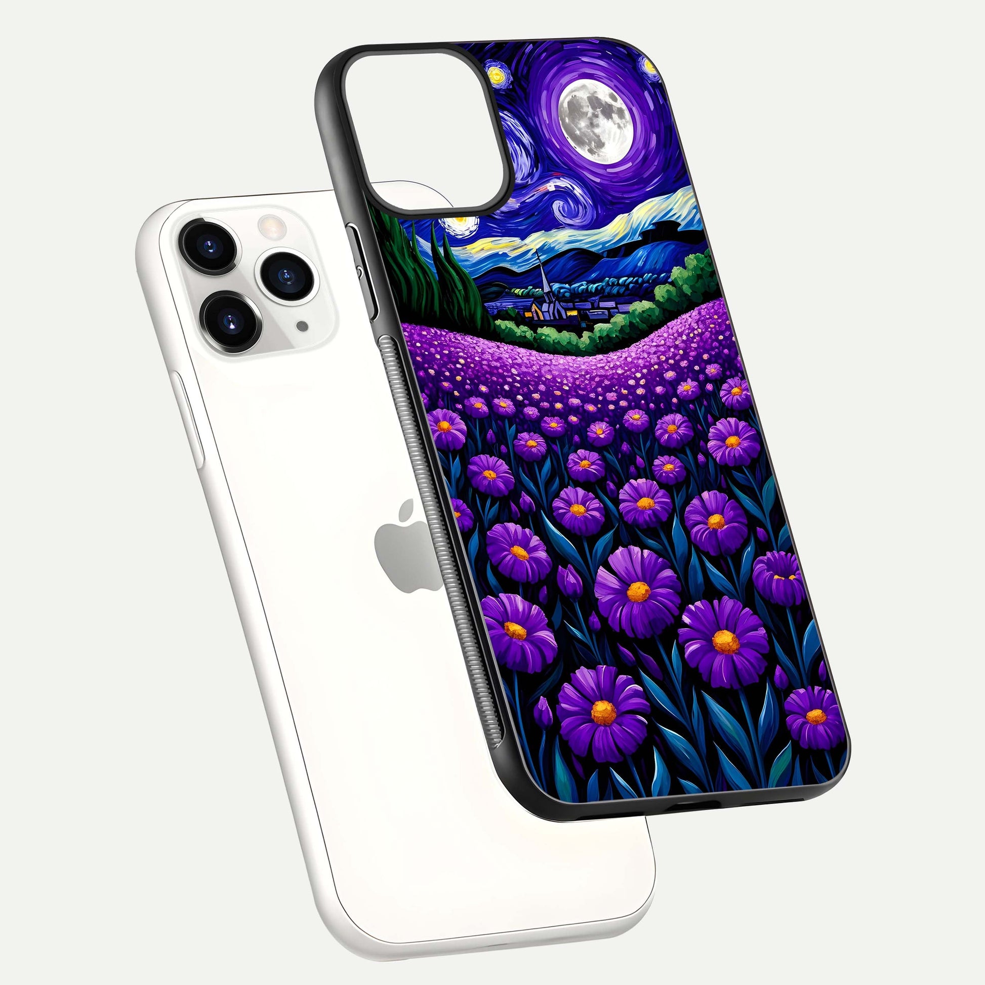 Lavender Moon Field Glass Case for iPhone 11 Pro floating dual-view mockup showing gloss surface and floral glow