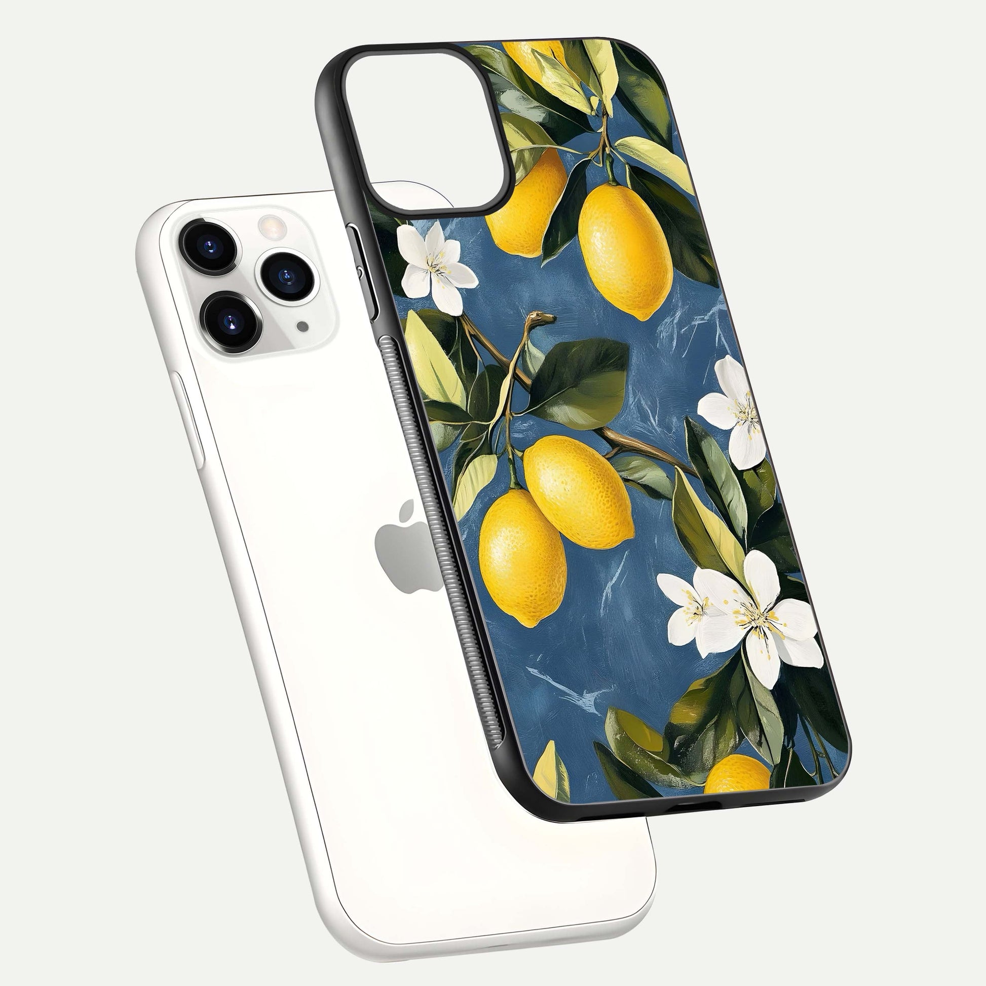 Lemon Dream Garden Glass Case for iPhone 11 Pro floating dual-view mockup showing gloss brightness and vivid yellow print