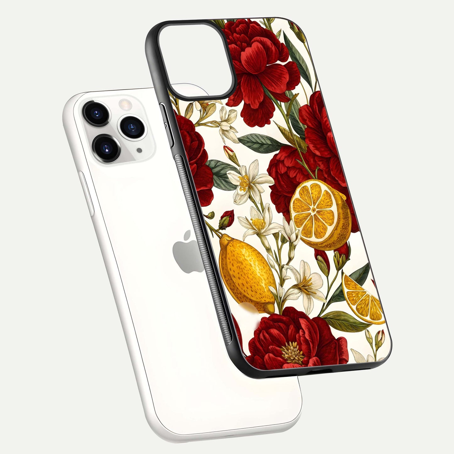 Lemon Rose Charm Glass Case for iPhone 11 Pro floating dual-view mockup showing gloss polish and floral gradient