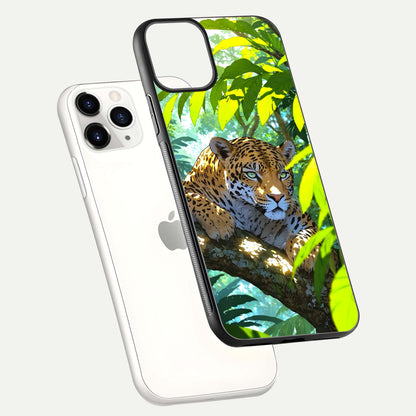 Leopard in Jungle Glass Case for iPhone 11 Pro floating dual-view mockup showing gloss finish and HD wild pattern