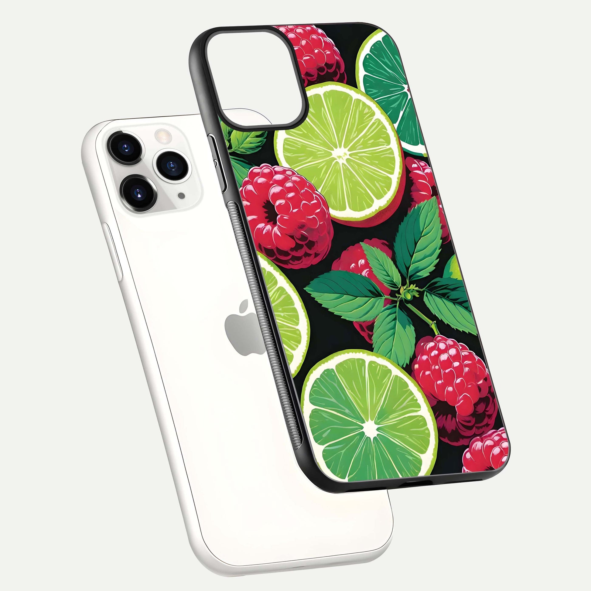 Lime and Raspberry Pattern Glass Case for iPhone 11 Pro floating dual-view showing HD gloss and vivid print