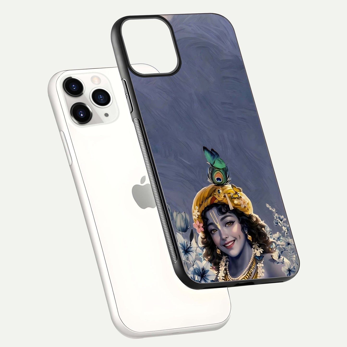 Lord Krishna Glass Case for iPhone 11 Pro floating dual-view showing glossy shine and divine artistic pattern