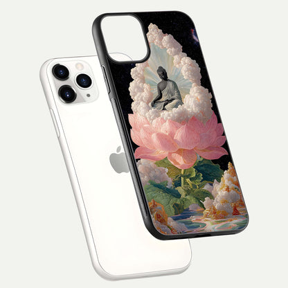 Lotus Divine Peace Glass Case for iPhone 11 Pro floating dual-view mockup with glass glow and spiritual calm art