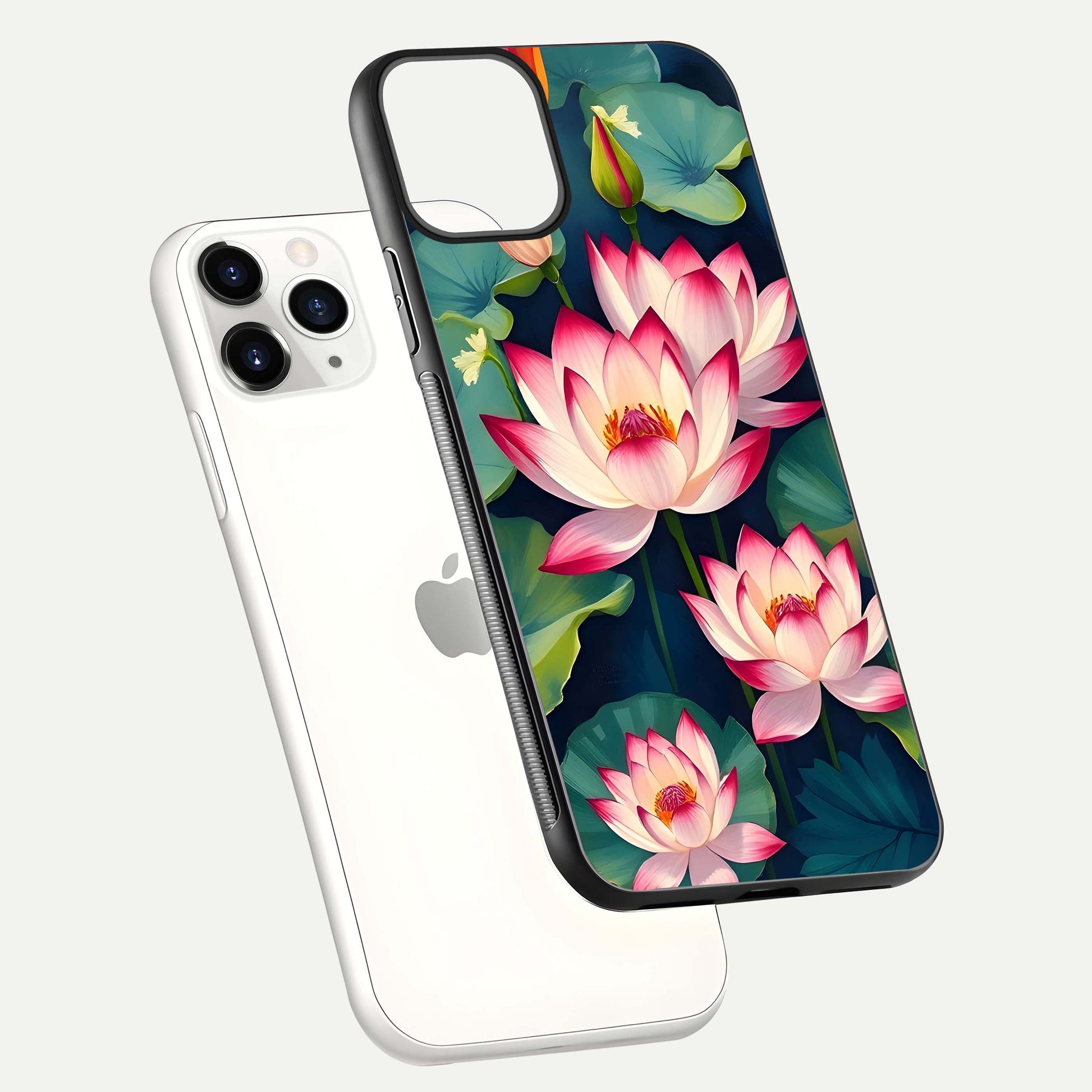 Lotus Dream Serenity Glass Case for iPhone 11 Pro floating dual-view mockup highlighting HD gloss glow