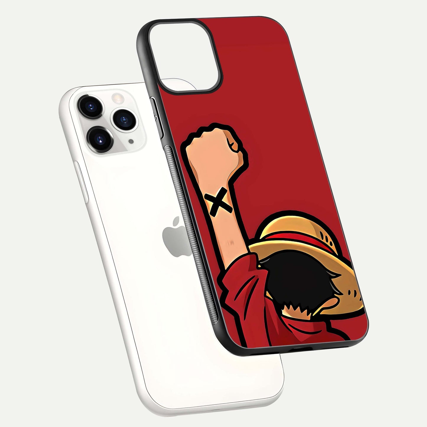 Luffy X Spirit Glass Case for iPhone 11 Pro floating dual-view mockup showing gloss polish and vibrant color depth