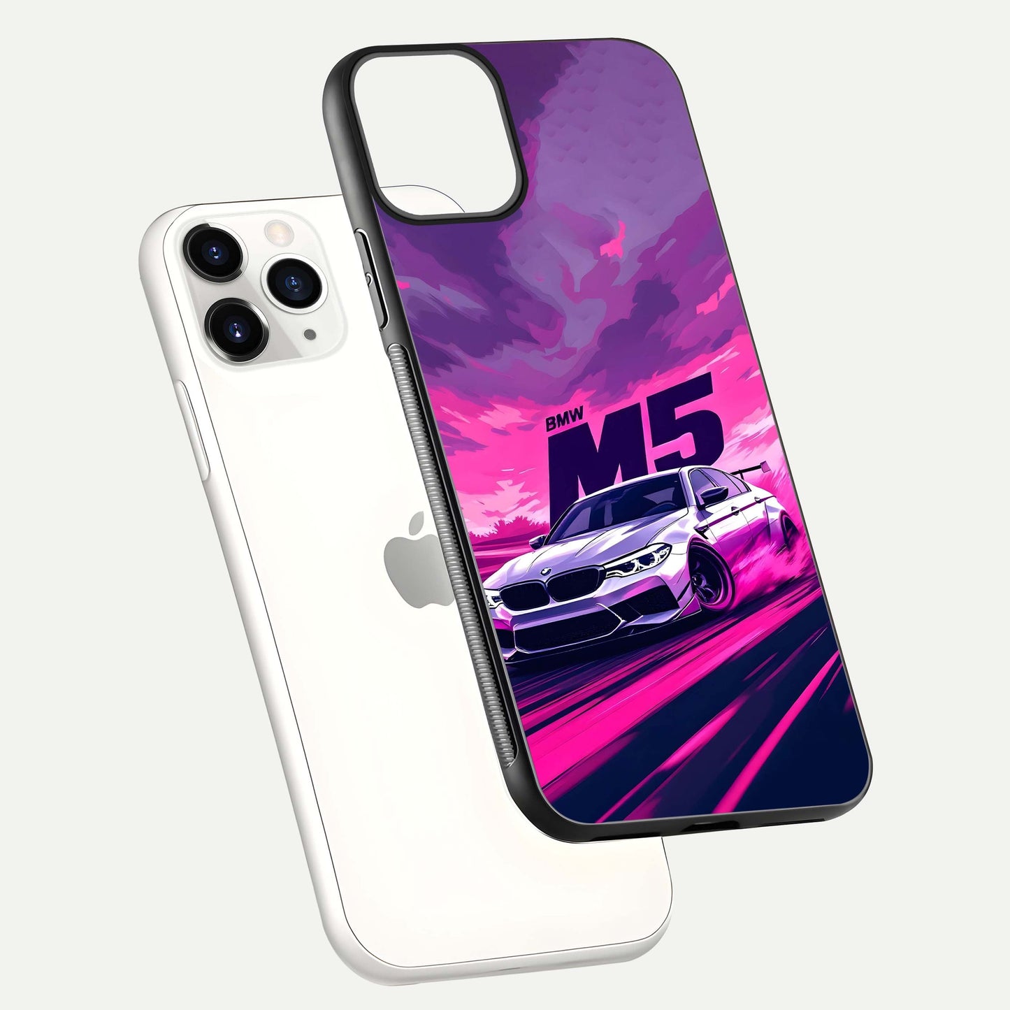 MS Neon Car Glass Case for iPhone 11 Pro floating dual-view mockup showing HD gloss and electric color tones