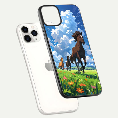 Majestic Horses Galloping Glass Case for iPhone 11 Pro floating dual-view mockup showing gloss texture and vivid tones