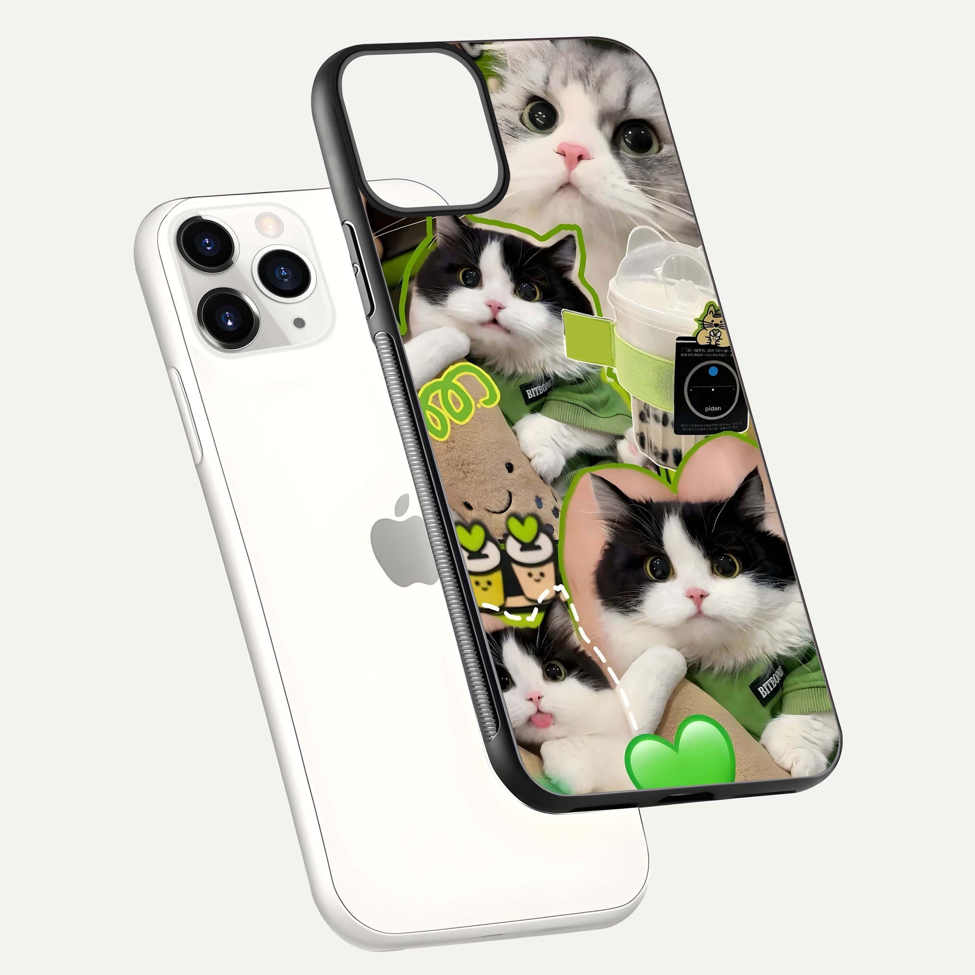 Matcha Cats Mood Glass Case for iPhone 11 Pro floating dual-view mockup showing HD gloss surface and soft tones