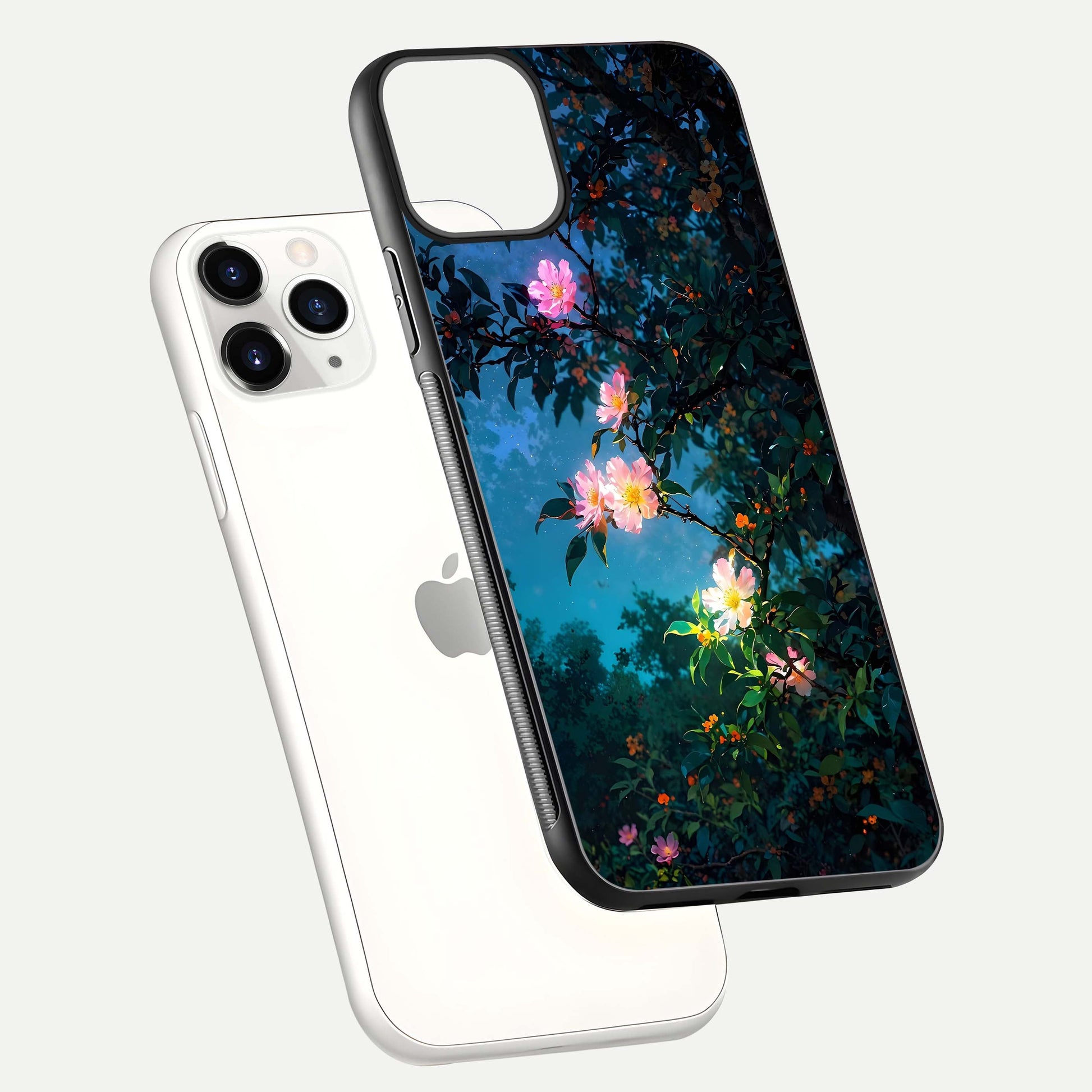 Midnight Bloom Glow Glass Case for iPhone 11 Pro floating dual-view mockup showing HD gloss and floral contrast