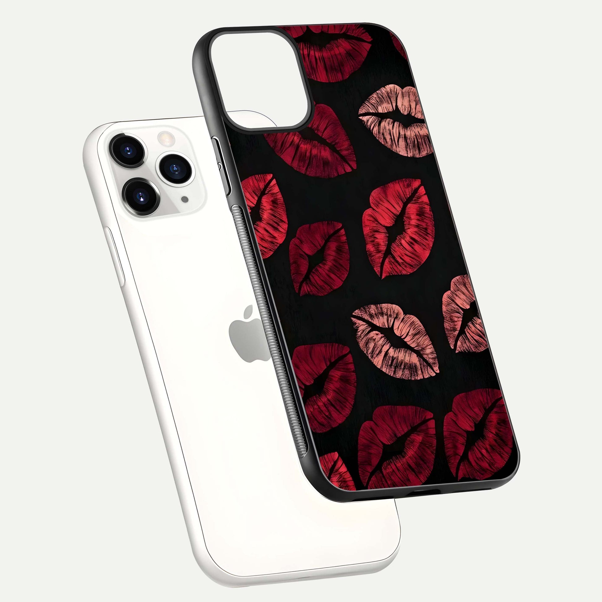 Midnight Kiss Love Glass Case for iPhone 11 Pro floating dual-view mockup showing HD gloss and elegant edge design