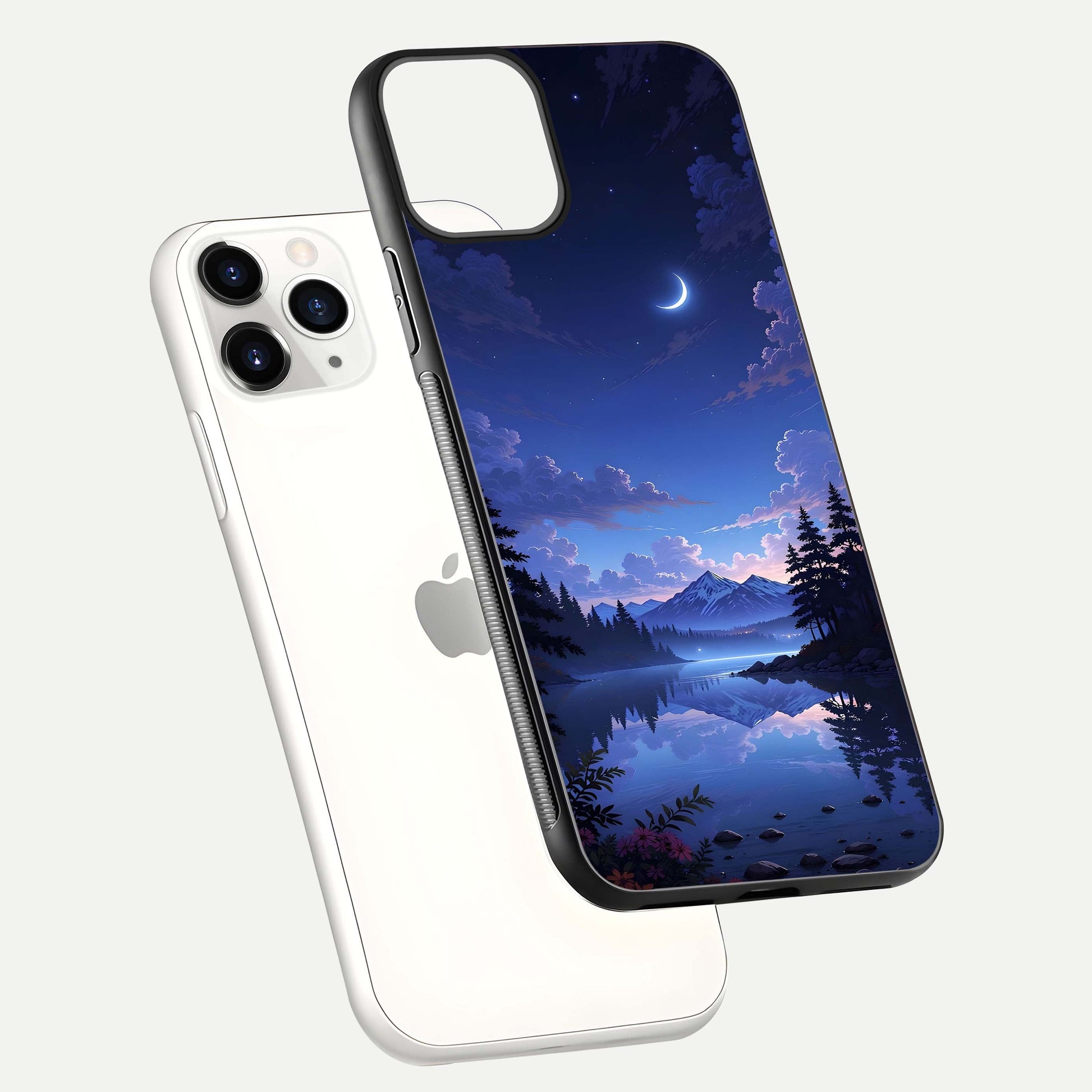 Midnight Lake Peace Glass Case for iPhone 11 Pro floating dual-view mockup showing gloss finish and peaceful art