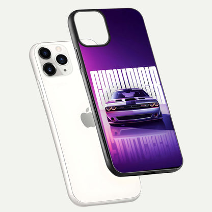 Midnight Muscle Ride Glass Case for iPhone 11 Pro floating dual-view mockup showing glossy finish and shine depth