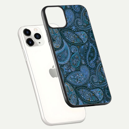 Midnight Paisley Glow Glass Case for iPhone 11 Pro floating dual-view mockup showing HD gloss and rich pattern