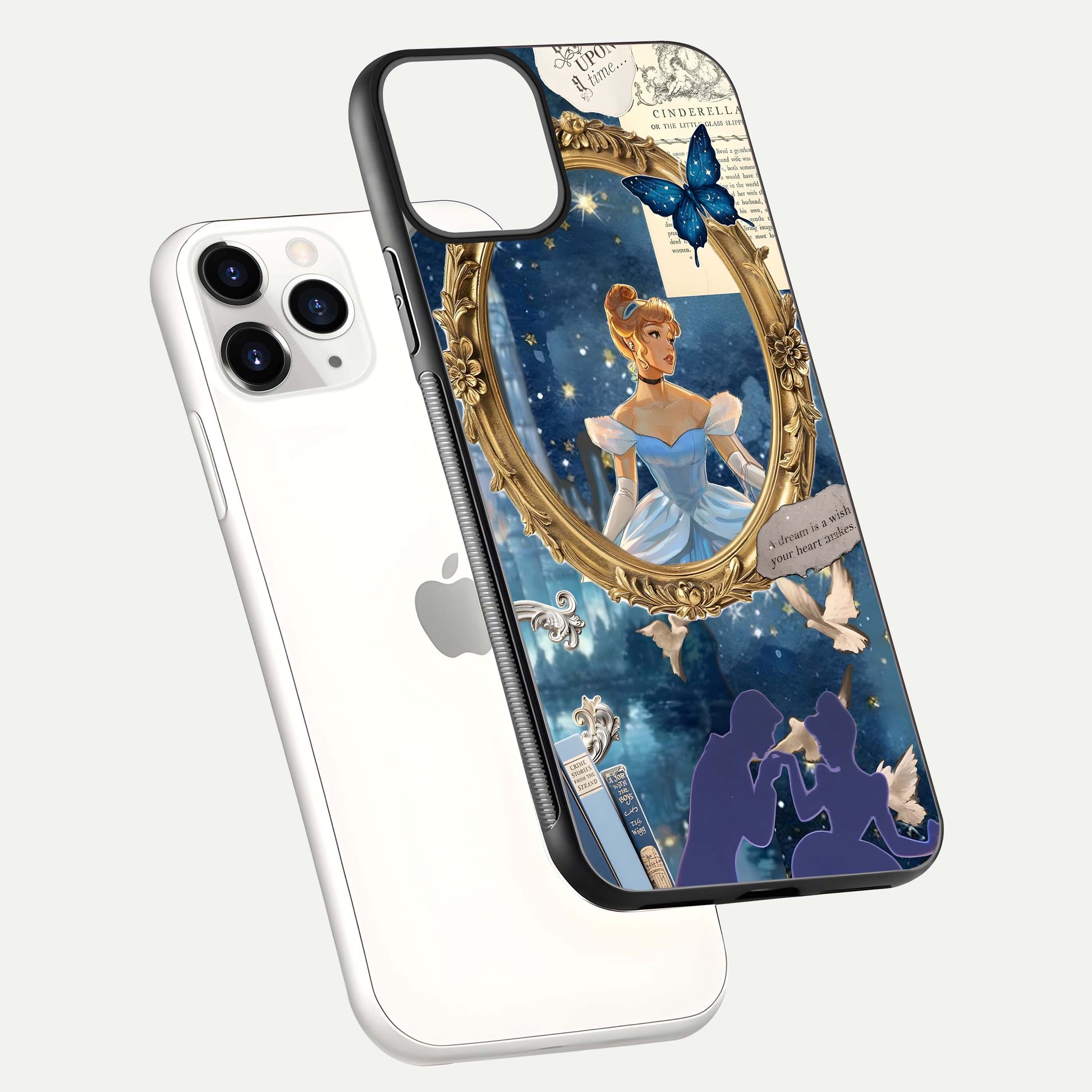 Midnight Queen Glass Case for iPhone 11 Pro floating dual-view mockup showing HD glass shine and luxury art