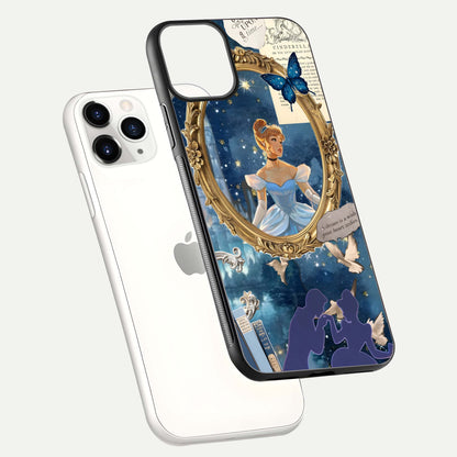Midnight Queen Glass Case for iPhone 11 Pro floating dual-view mockup showing HD glass shine and luxury art