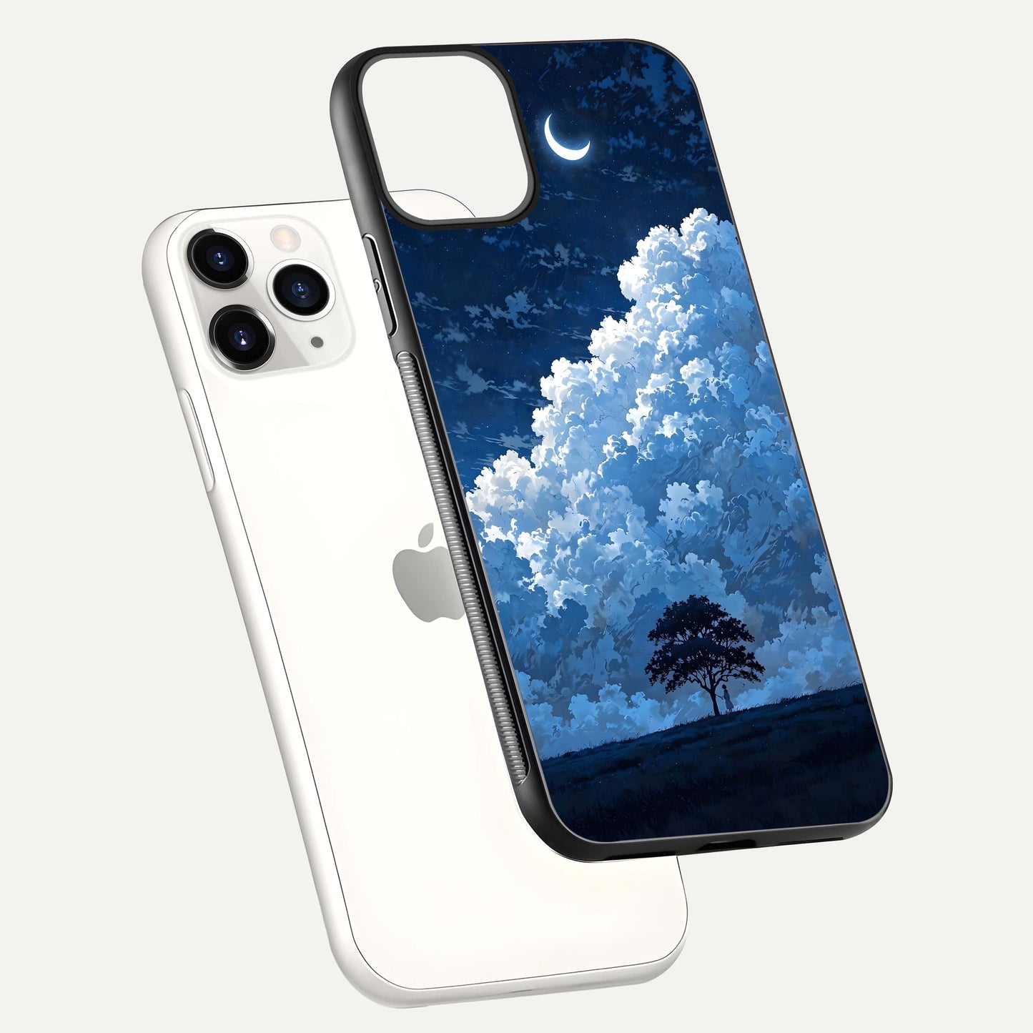 Midnight Sky Serenity Glass Case for iPhone 11 Pro floating dual-view mockup showing HD gloss and night shine