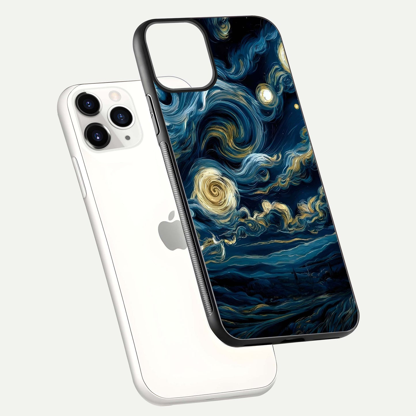 Midnight Sky Whirl Glass Case for iPhone 11 Pro floating dual-view mockup showing gloss texture and shine