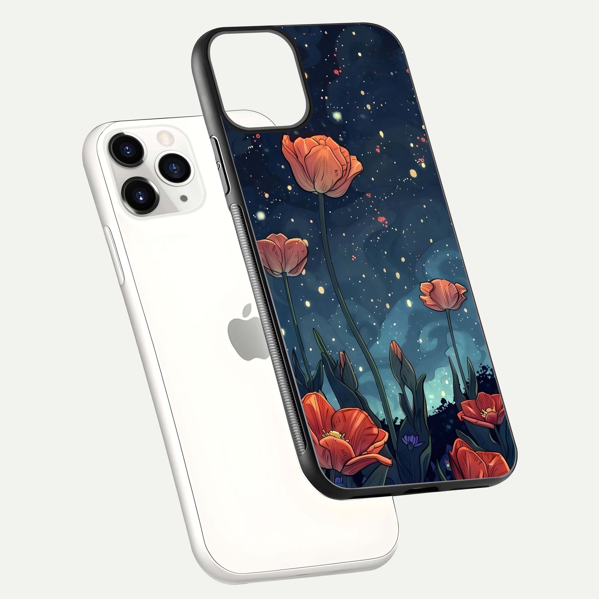 Midnight Tulip Glow Glass Case for iPhone 11 Pro floating dual-view mockup showing HD gloss and tulip tone