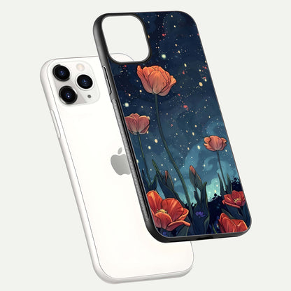 Midnight Tulip Glow Glass Case for iPhone 11 Pro floating dual-view mockup showing HD gloss and tulip tone