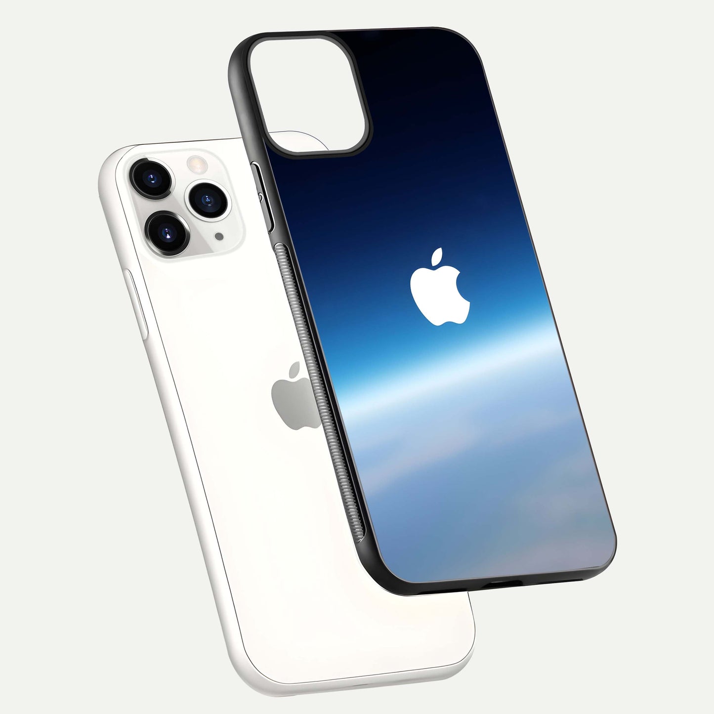 Minimal Apple Sky Glass Case for iPhone 11 Pro floating dual-view mockup showing HD gloss and Apple design