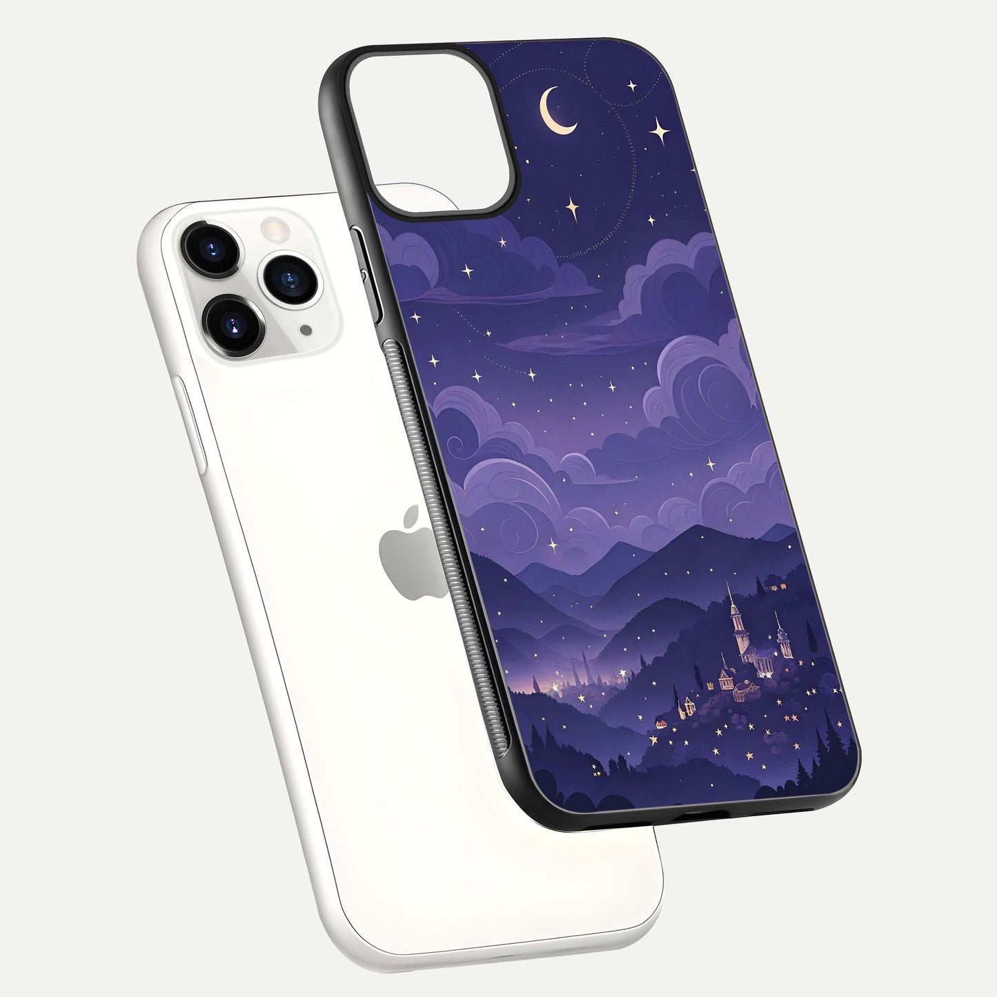 Minimal Night View Glass Case for iPhone 11 Pro floating dual-view mockup showing HD gloss and clean lines