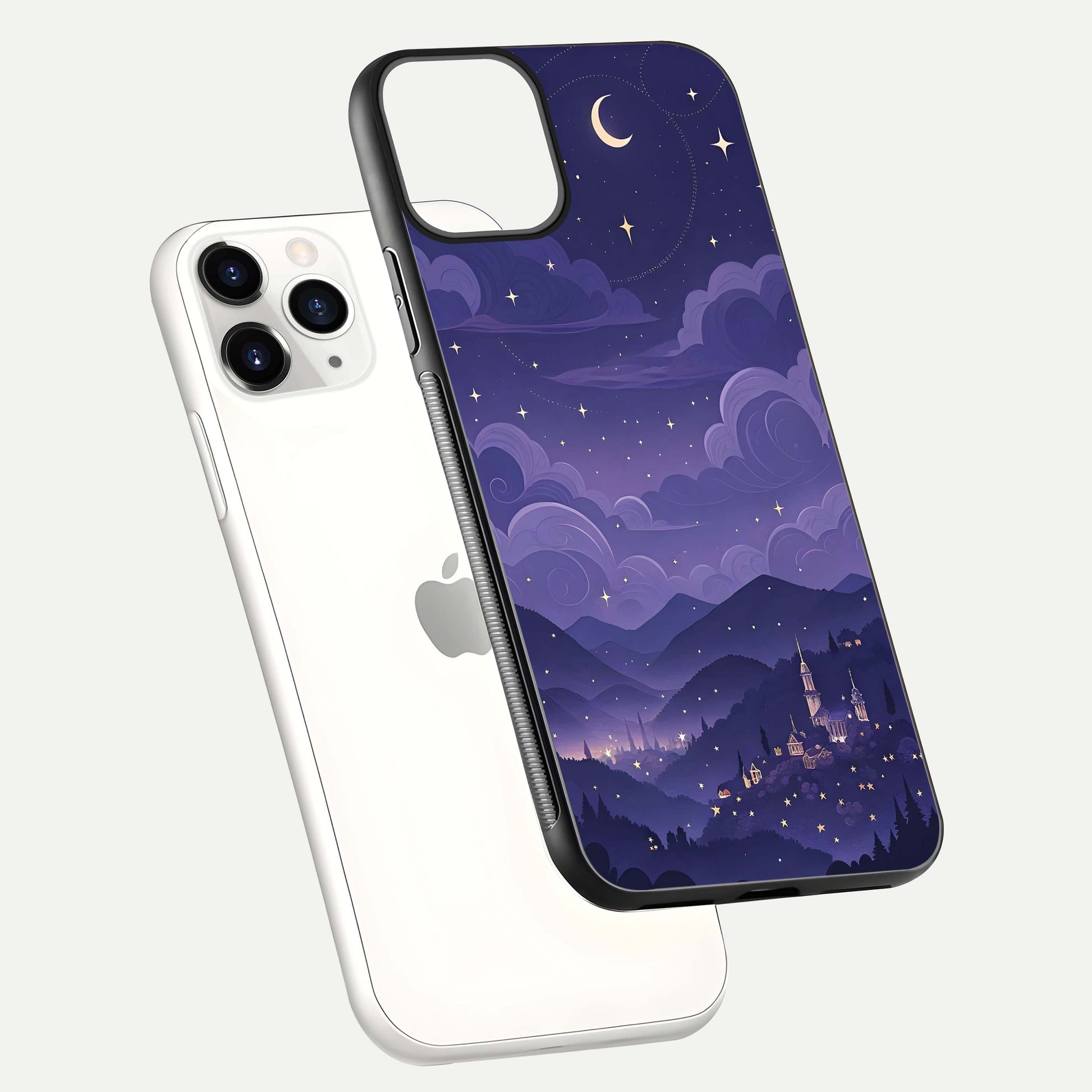 Minimal Night View Glass Case for iPhone 11 Pro floating dual-view mockup showing HD gloss and clean lines
