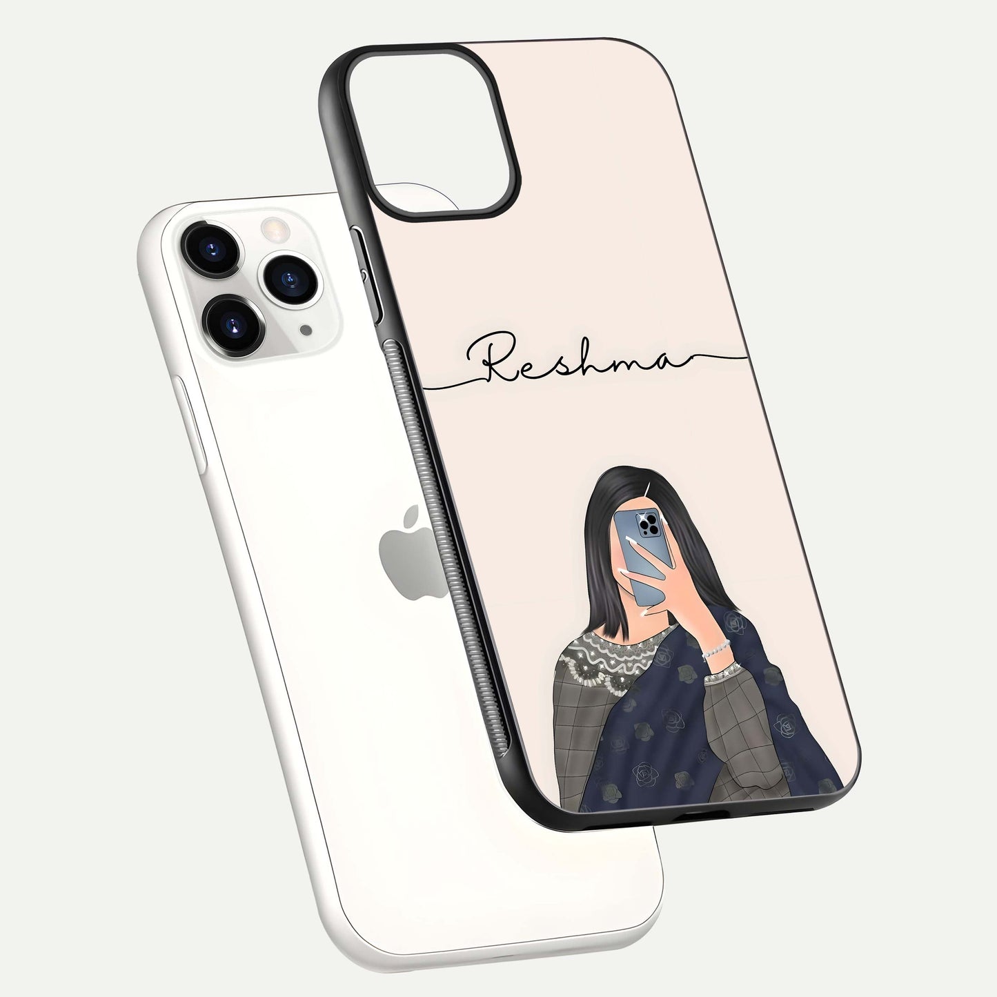Mirror Mood Muse Custom Name Glass Case for iPhone 11 Pro floating dual-view mockup showing reflection and luxury style