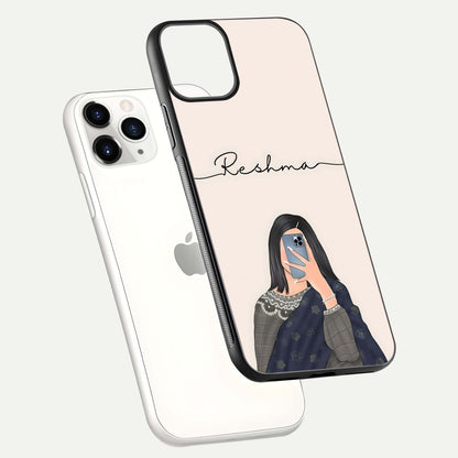 Mirror Mood Muse Custom Name Glass Case for iPhone 11 Pro floating dual-view mockup showing reflection and luxury style
