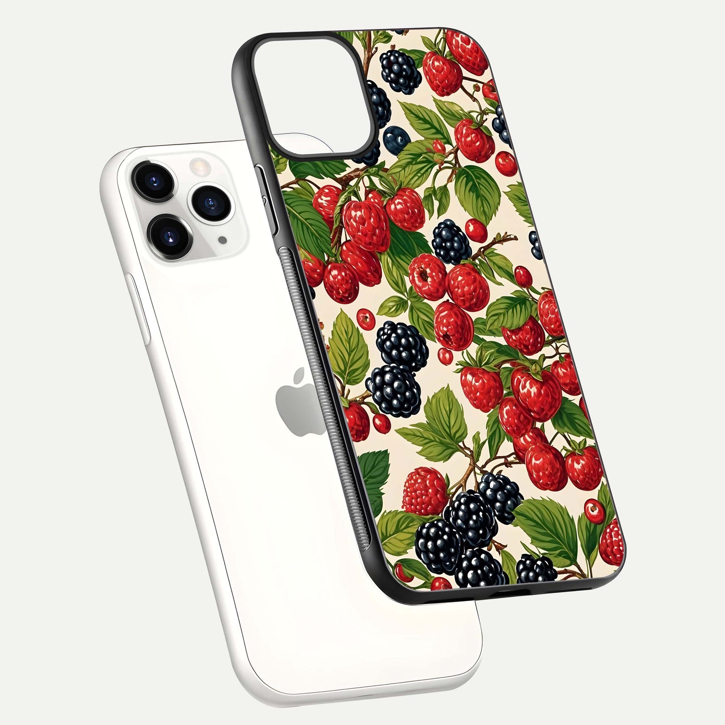 Mixed Berry Collage Glass Case for iPhone 11 Pro floating dual-view mockup showing gloss depth and vibrant design