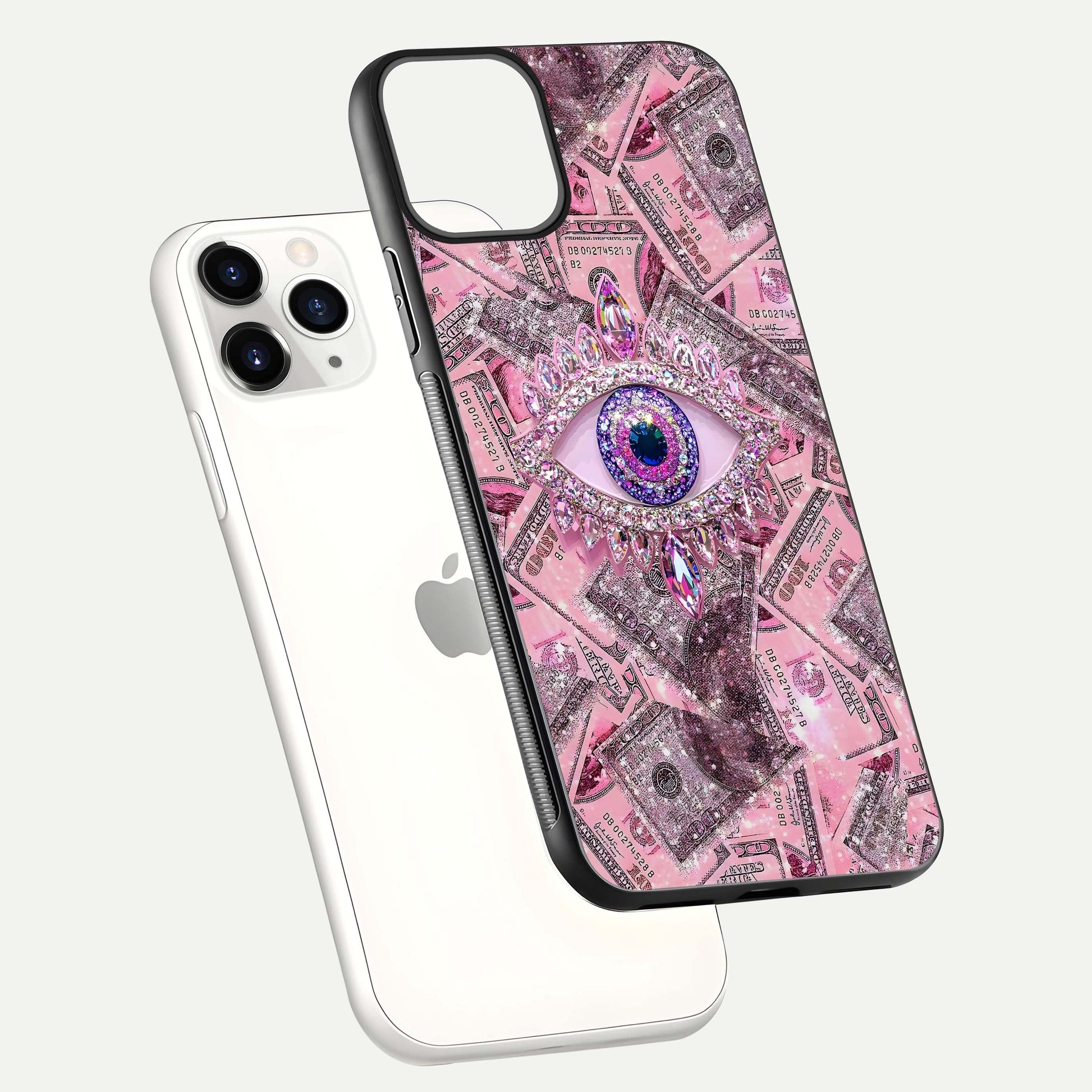 Money Eye Luxe Glass Case for iPhone 11 Pro floating dual-view mockup showing gloss surface and premium look