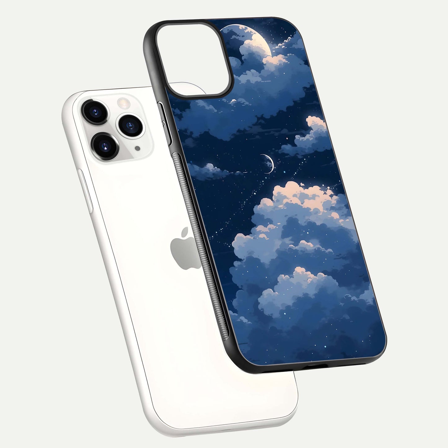 Moon Dream Haze Glass Case for iPhone 11 Pro floating dual-view mockup showing gloss texture and calm tones